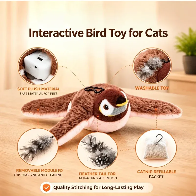Juguete Interactivo para Gatos, Pájaro Volador Recargable con Sonido y Movimiento (sin volar), con Catnip, Juguete de Peluche Activado por Tacto, paso 1